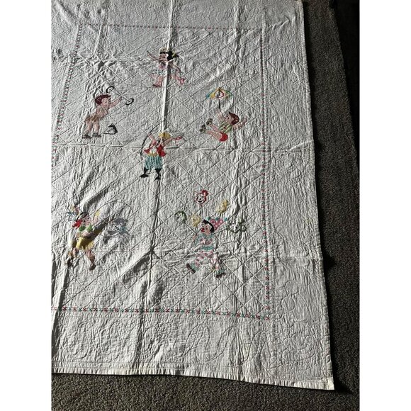 Vtg 1940's-1950's Circus Children Quilt Handmade Hand Embroidered Tapestry Quilt - Picture 2 of 10